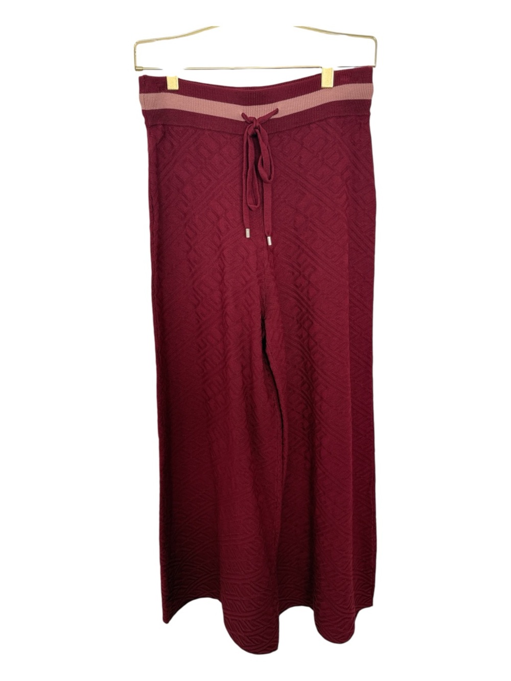 Emily McCarthy Monogram Knit Wide Leg Pants Burgundy